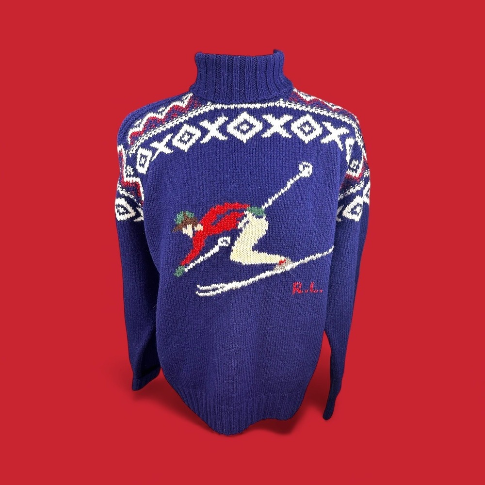 Polo Ralph Lauren Vintage Mens Skiing Turtleneck Sweater Blue Wool XL Hand Knit